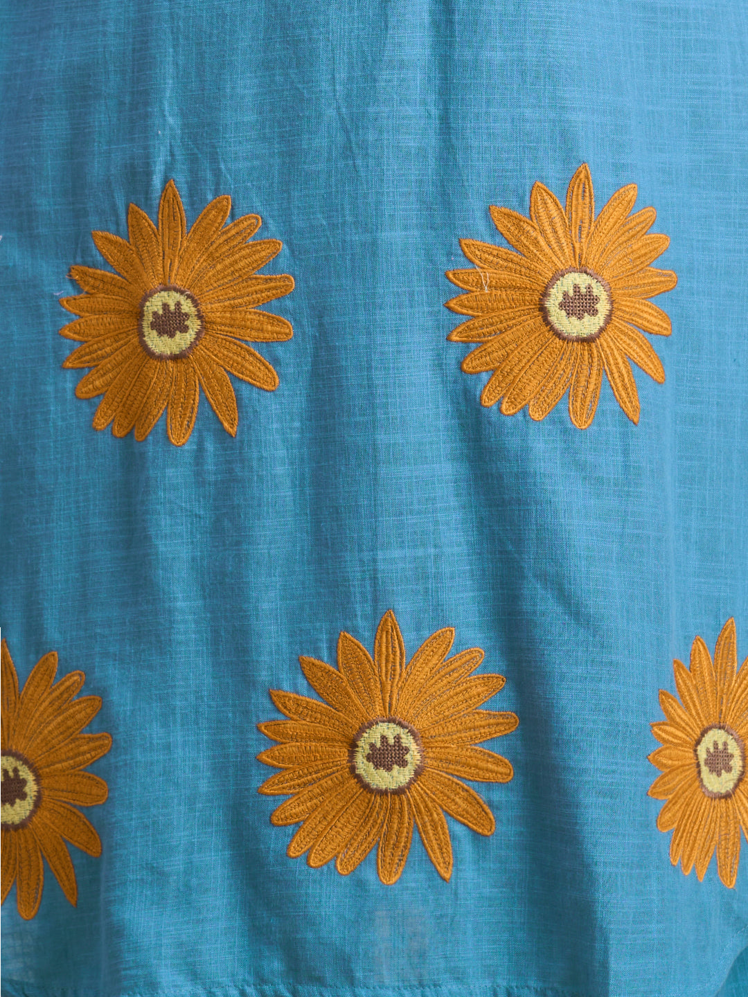 Solid Floral Threadwork Embroidered Cotton Slub Co-ord Set - Sky Blue