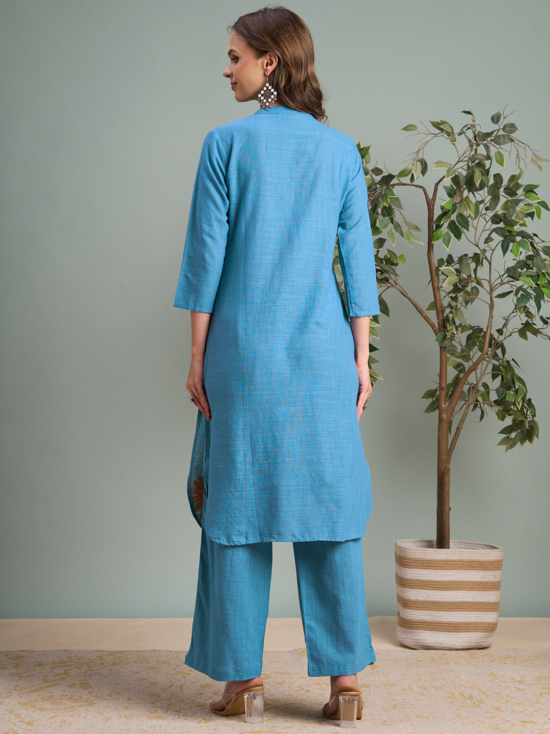 Solid Floral Threadwork Embroidered Cotton Slub Co-ord Set - Sky Blue
