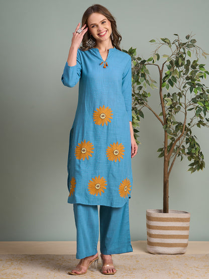 Solid Floral Threadwork Embroidered Cotton Slub Co-ord Set - Sky Blue