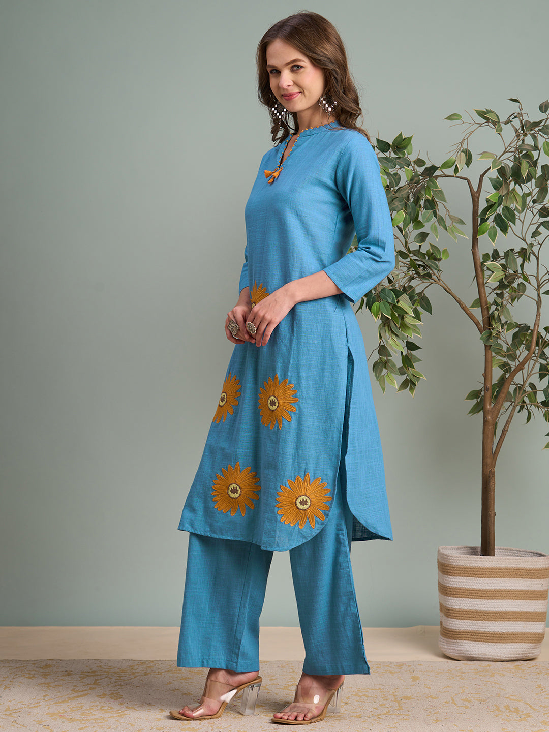 Solid Floral Threadwork Embroidered Cotton Slub Co-ord Set - Sky Blue