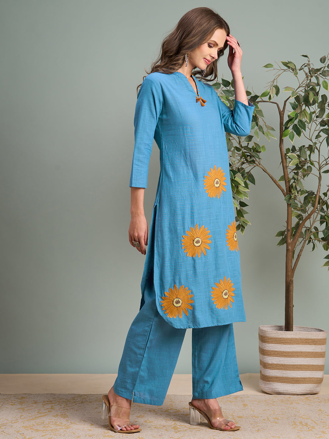 Solid Floral Threadwork Embroidered Cotton Slub Co-ord Set - Sky Blue