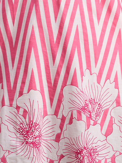 Abstract Floral Stripes Printed & Embroidered Straight Fit Kurta with Pant - Pink