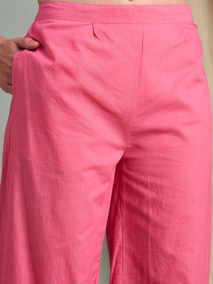 Abstract Floral Stripes Printed & Embroidered Straight Fit Kurta with Pant - Pink