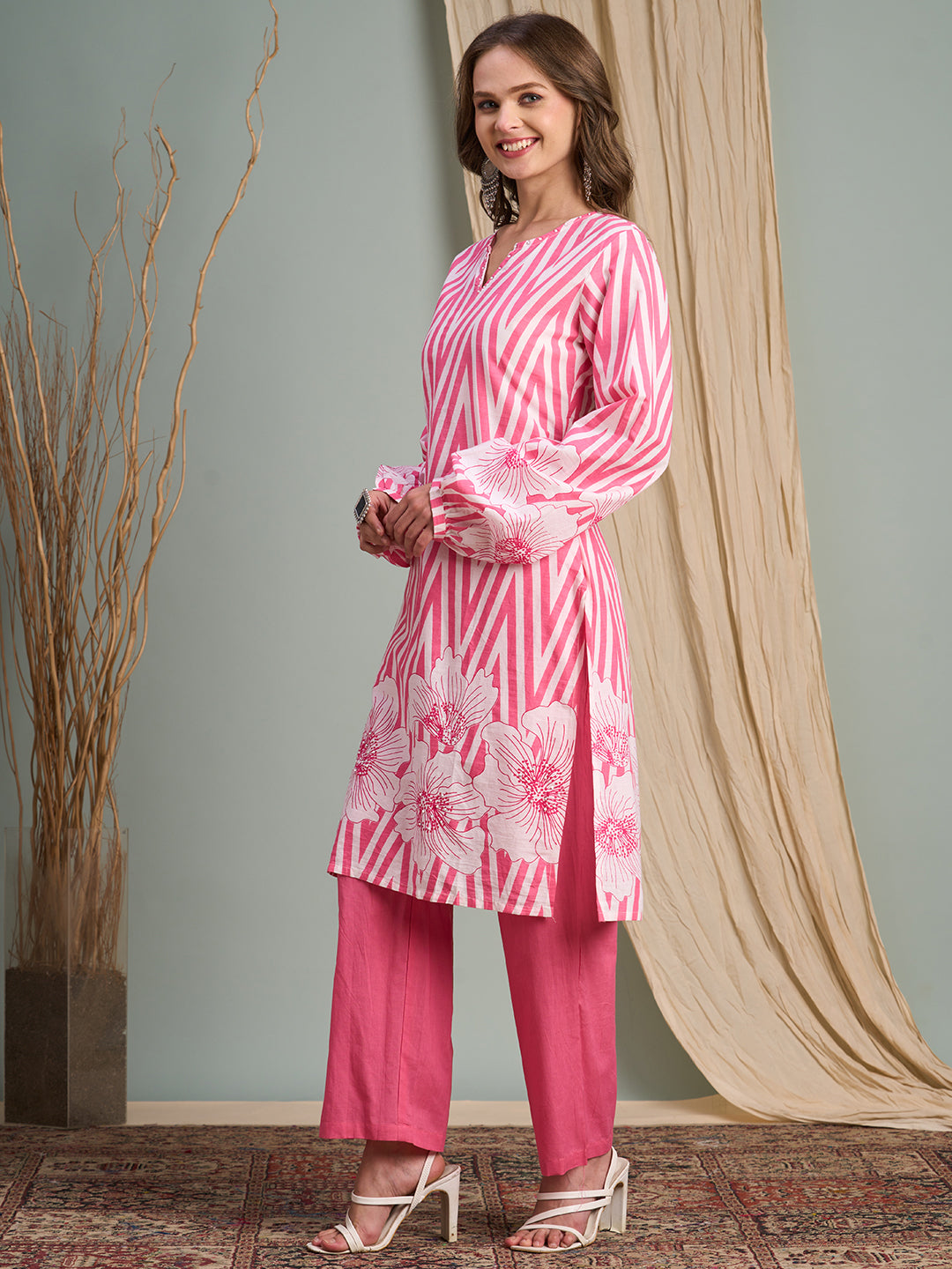 Abstract Floral Stripes Printed & Embroidered Straight Fit Kurta with Pant - Pink