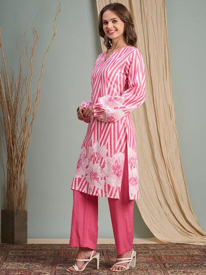 Abstract Floral Stripes Printed & Embroidered Straight Fit Kurta with Pant - Pink