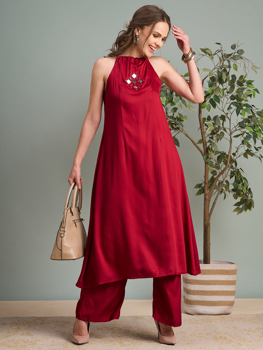 Solid Mirror Embroidered A-Line Paneled Co-ord Set - Red