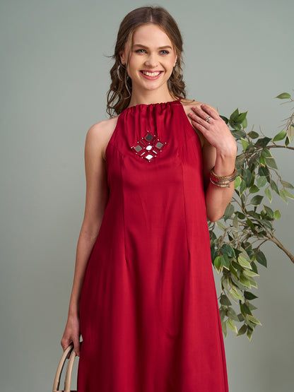 Solid Mirror Embroidered A-Line Paneled Co-ord Set - Red