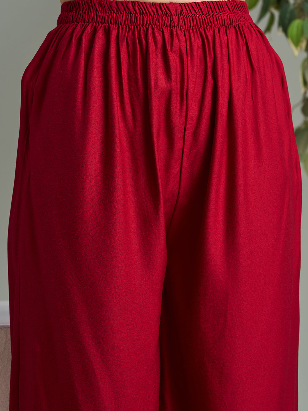 Solid Mirror Embroidered A-Line Paneled Co-ord Set - Red