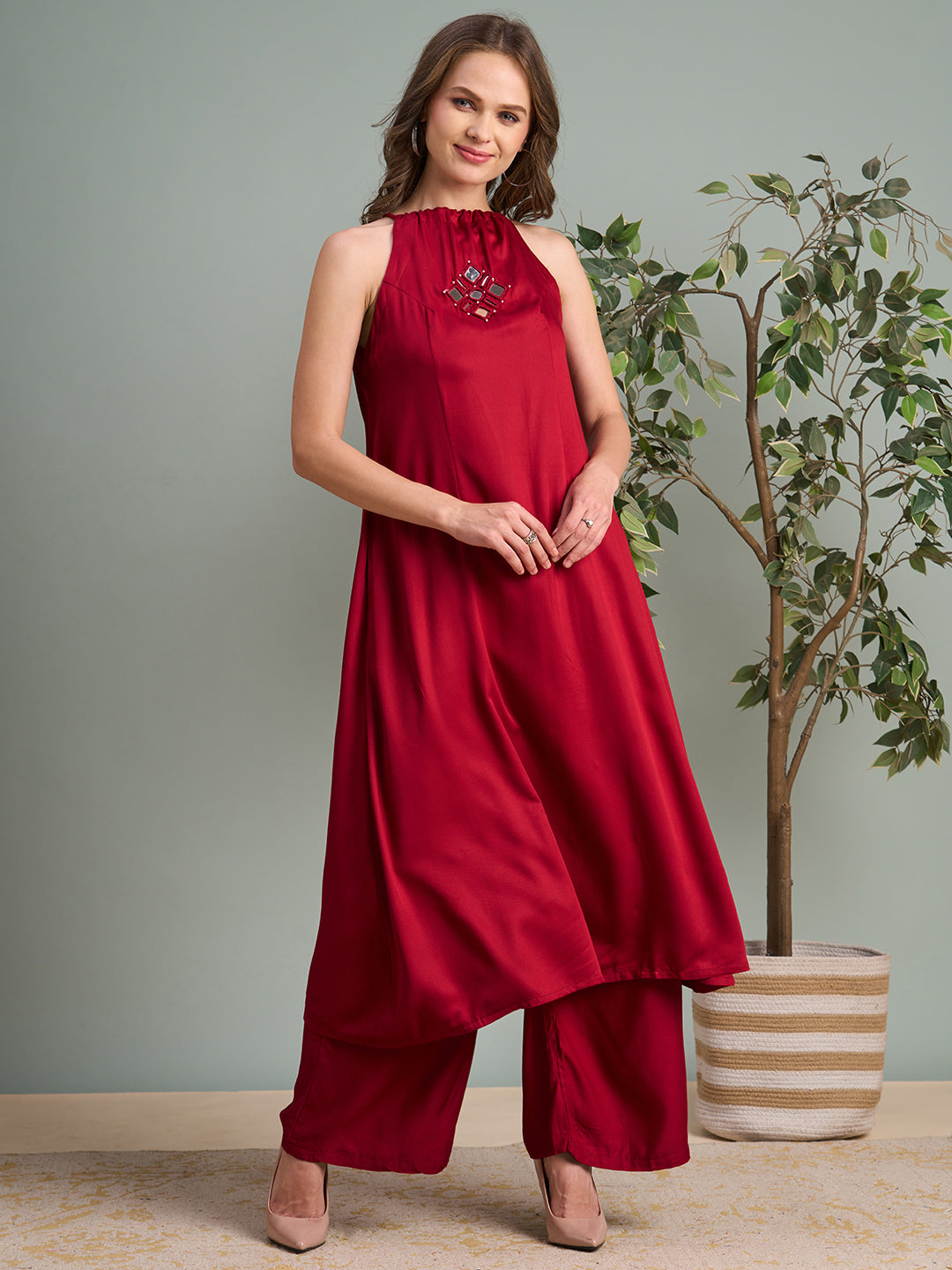 Solid Mirror Embroidered A-Line Paneled Co-ord Set - Red