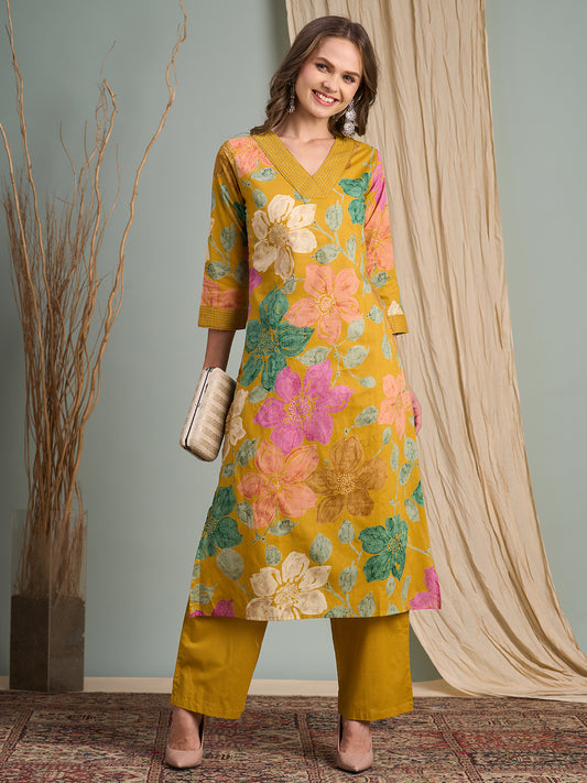Abstract Floral Foil & Printed Straight Fit Kurta with Palazzo - Mustard