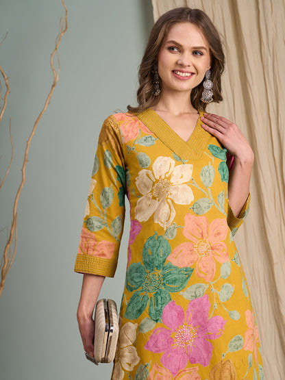Abstract Floral Foil & Printed Straight Fit Kurta with Palazzo - Mustard