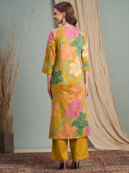 Abstract Floral Foil & Printed Straight Fit Kurta with Palazzo - Mustard