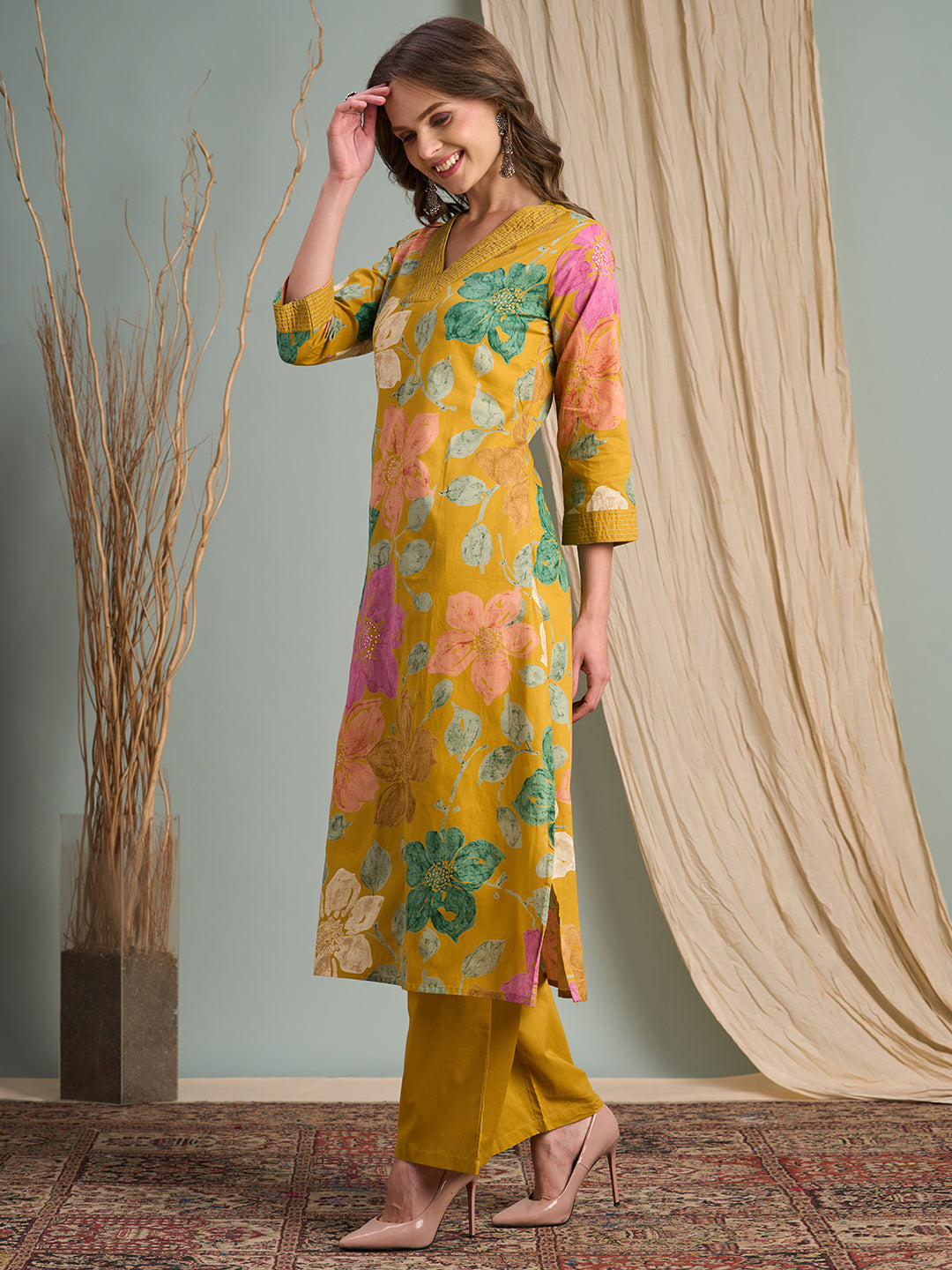 Abstract Floral Foil & Printed Straight Fit Kurta with Palazzo - Mustard