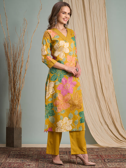 Abstract Floral Foil & Printed Straight Fit Kurta with Palazzo - Mustard