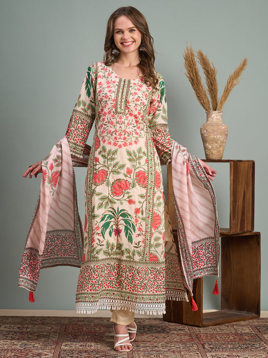 Ethnic Floral Printed & Hand Embroidered Straight Kurta with Pant & Dupatta - Multi
