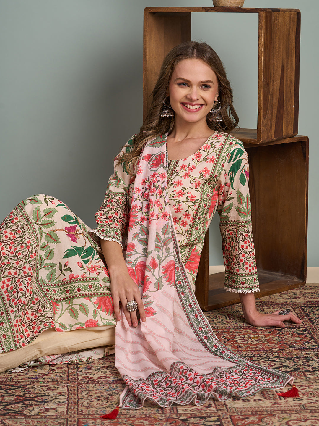 Ethnic Floral Printed & Hand Embroidered Straight Kurta with Pant & Dupatta - Multi