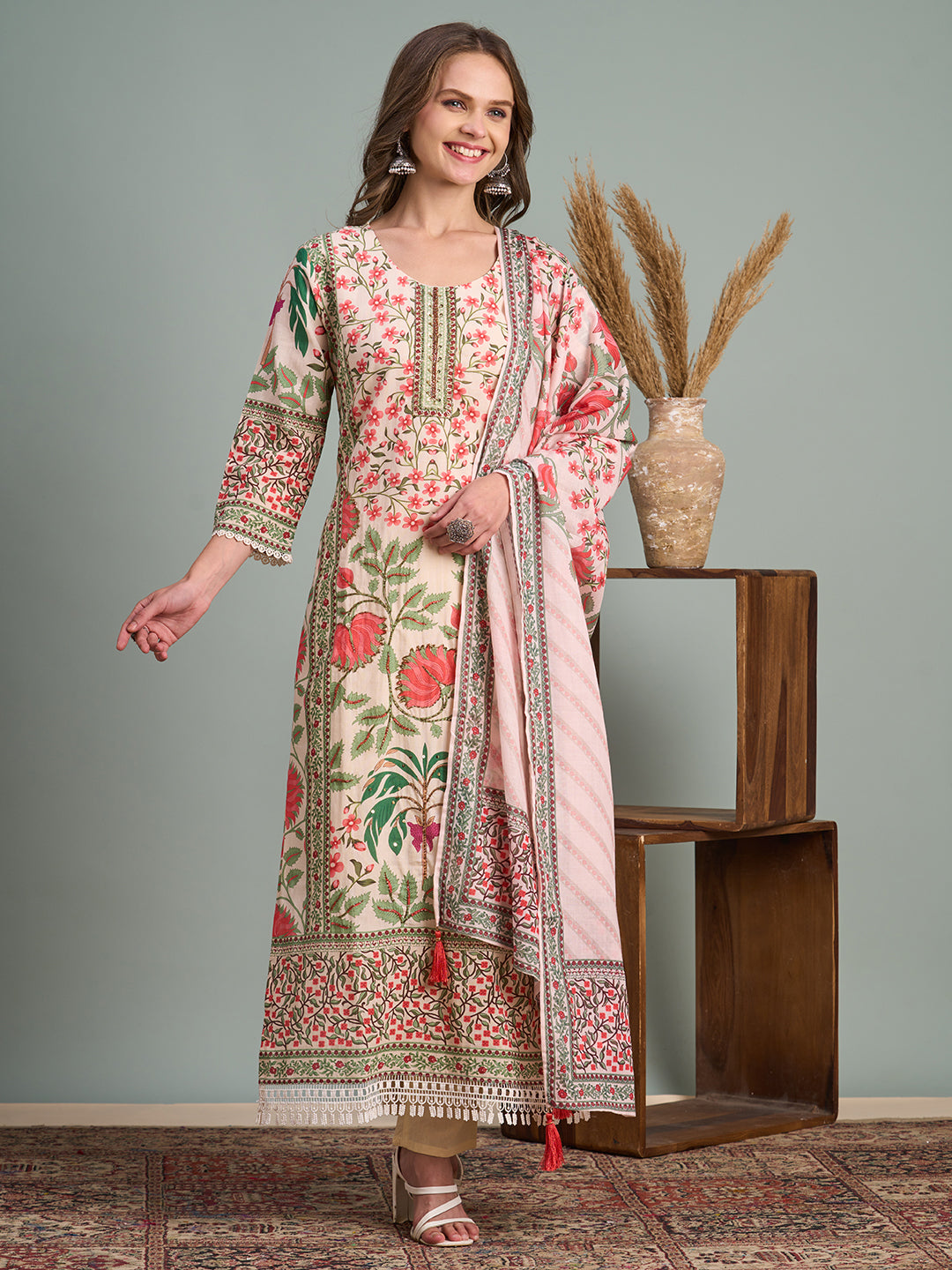 Ethnic Floral Printed & Hand Embroidered Straight Kurta with Pant & Dupatta - Multi