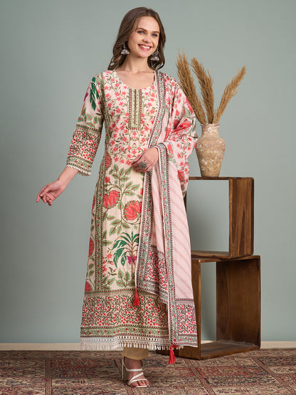 Ethnic Floral Printed & Hand Embroidered Straight Kurta with Pant & Dupatta - Multi