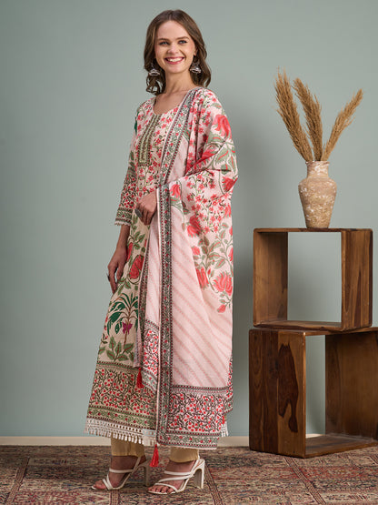 Ethnic Floral Printed & Hand Embroidered Straight Kurta with Pant & Dupatta - Multi