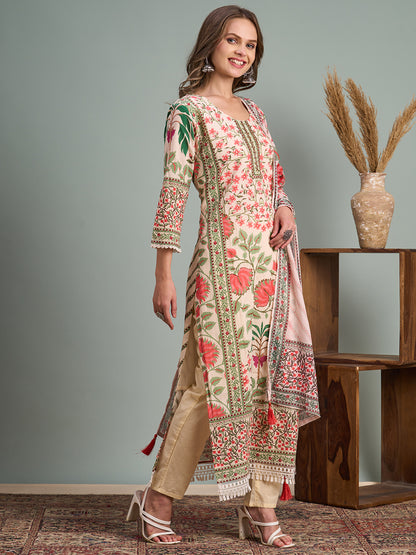 Ethnic Floral Printed & Hand Embroidered Straight Kurta with Pant & Dupatta - Multi