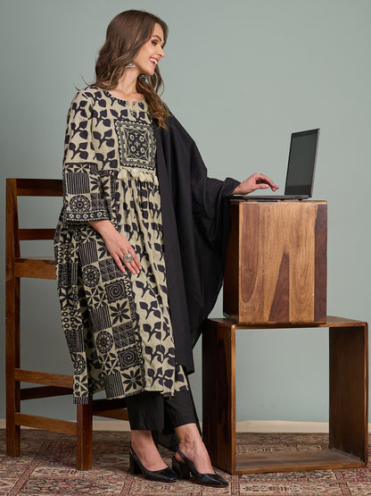 Ethnic Floral Printed A-Line Pleated Kurta with Pant and Dupatta - Black