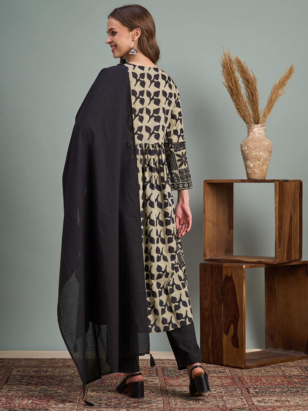 Ethnic Floral Printed A-Line Pleated Kurta with Pant and Dupatta - Black
