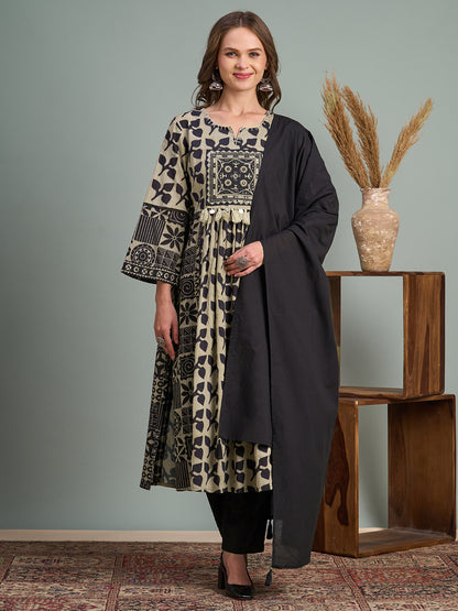 Ethnic Floral Printed A-Line Pleated Kurta with Pant and Dupatta - Black