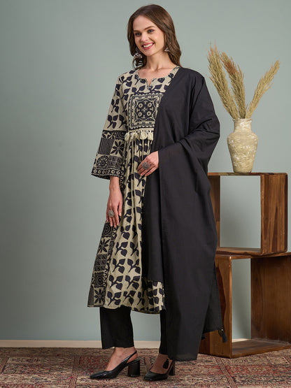 Ethnic Floral Printed A-Line Pleated Kurta with Pant and Dupatta - Black