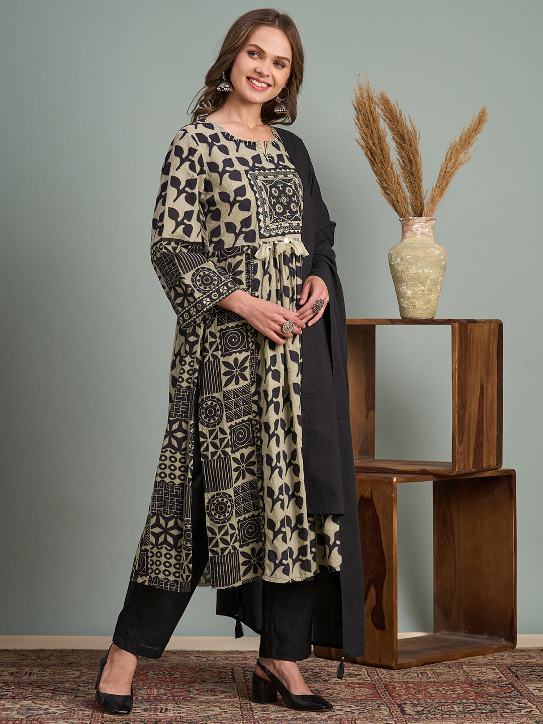 Ethnic Floral Printed A-Line Pleated Kurta with Pant and Dupatta - Black