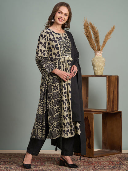 Ethnic Floral Printed A-Line Pleated Kurta with Pant and Dupatta - Black