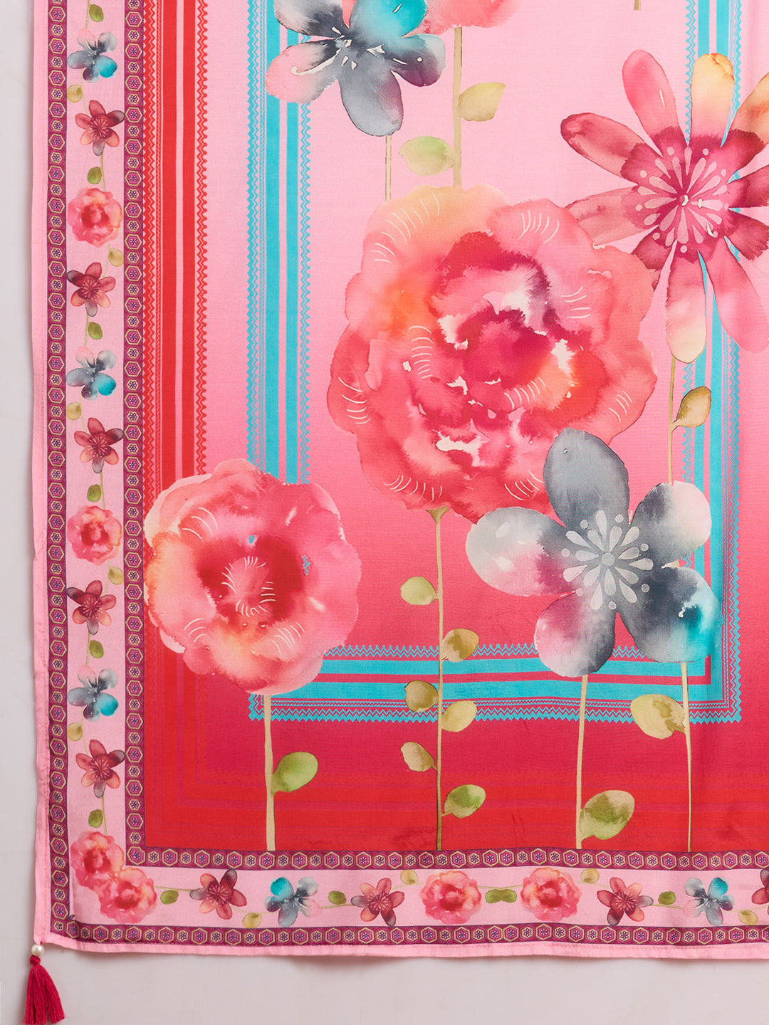 Abstract Floral Printed Embroidered Straight Kurta with Pant and Dupatta - Pink