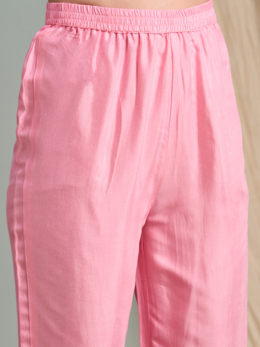 Abstract Floral Printed Embroidered Straight Kurta with Pant and Dupatta - Pink