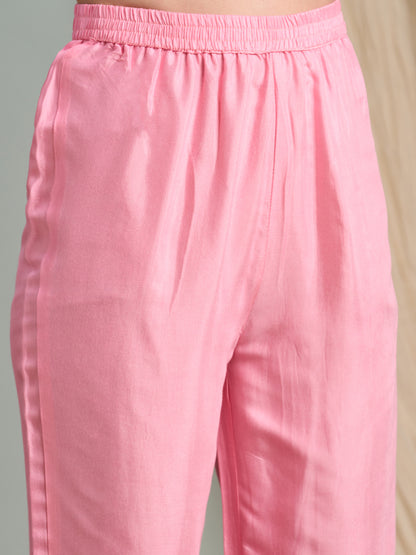 Abstract Floral Printed Embroidered Straight Kurta with Pant and Dupatta - Pink