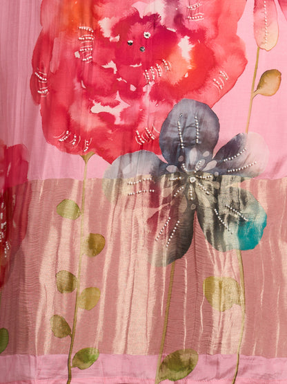 Abstract Floral Printed Embroidered Straight Kurta with Pant and Dupatta - Pink