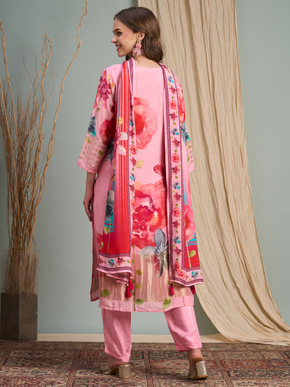 Abstract Floral Printed Embroidered Straight Kurta with Pant and Dupatta - Pink