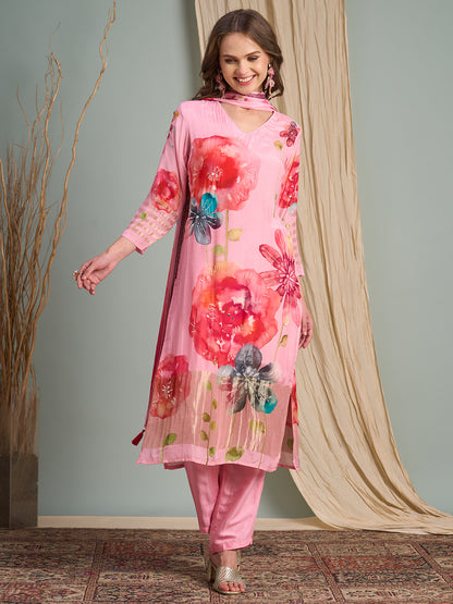 Abstract Floral Printed Embroidered Straight Kurta with Pant and Dupatta - Pink
