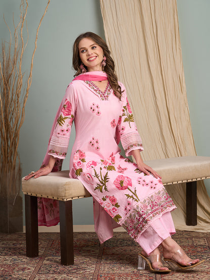 Ethnic Floral Printed Embroidered Straight Fit Kurta with Palazzos and Dupatta - Pink