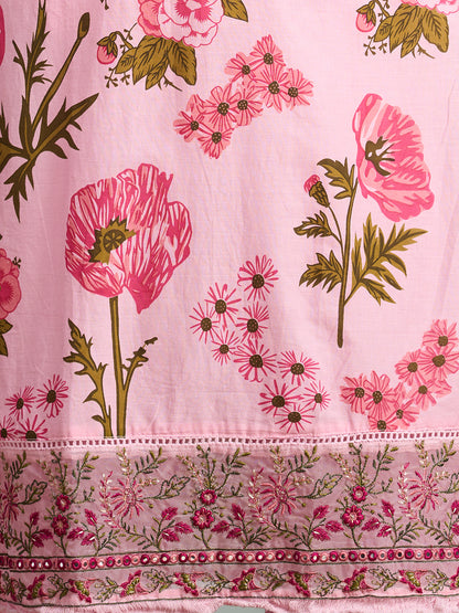 Ethnic Floral Printed Embroidered Straight Fit Kurta with Palazzos and Dupatta - Pink