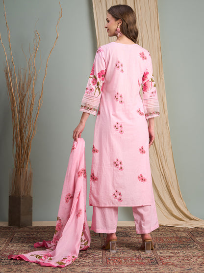 Ethnic Floral Printed Embroidered Straight Fit Kurta with Palazzos and Dupatta - Pink