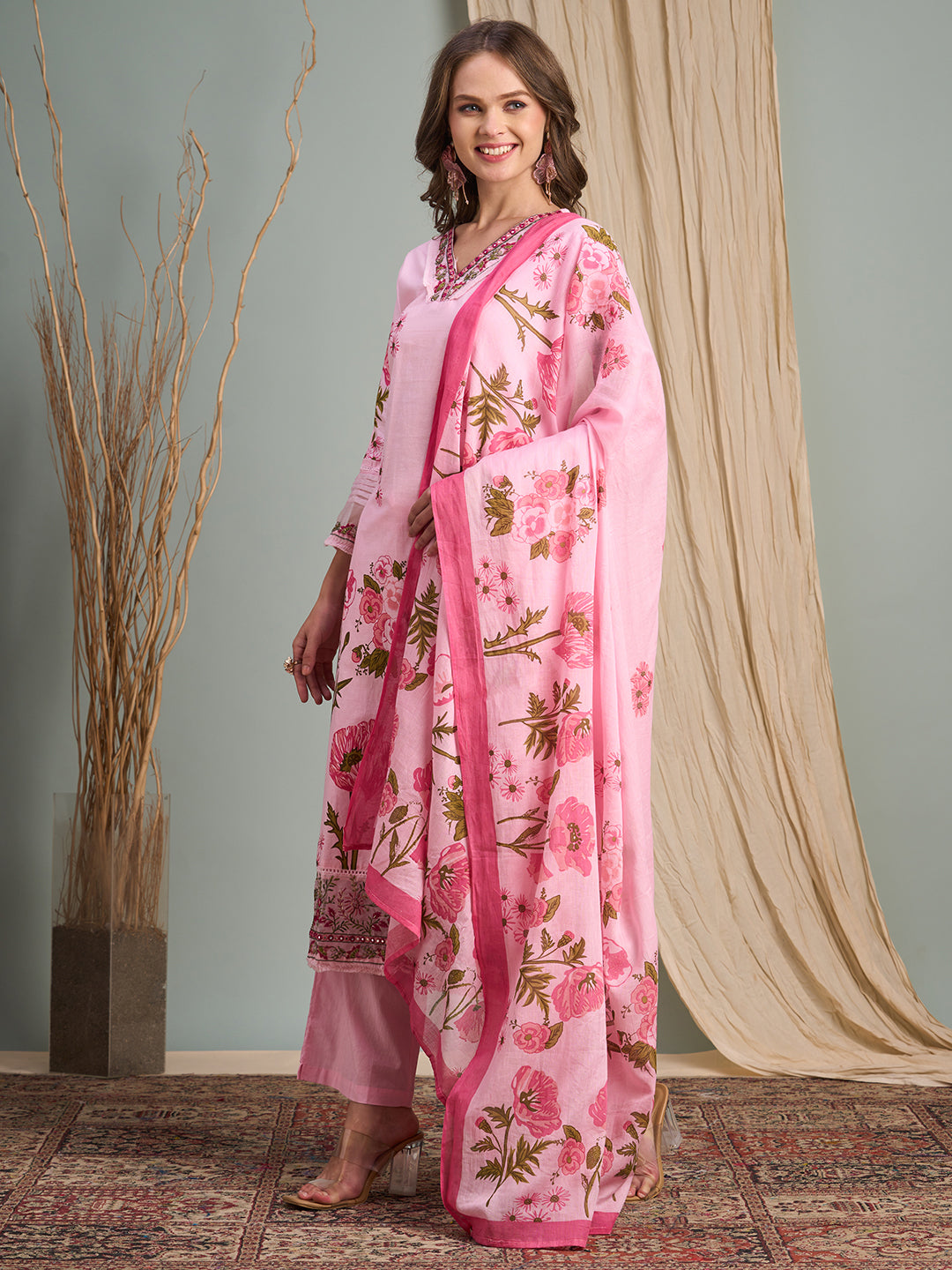 Ethnic Floral Printed Embroidered Straight Fit Kurta with Palazzos and Dupatta - Pink