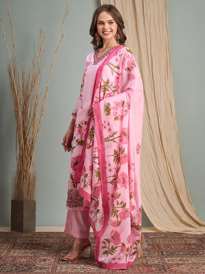 Ethnic Floral Printed Embroidered Straight Fit Kurta with Palazzos and Dupatta - Pink