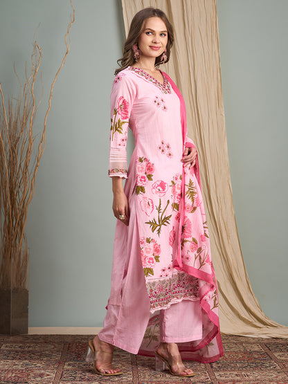 Ethnic Floral Printed Embroidered Straight Fit Kurta with Palazzos and Dupatta - Pink