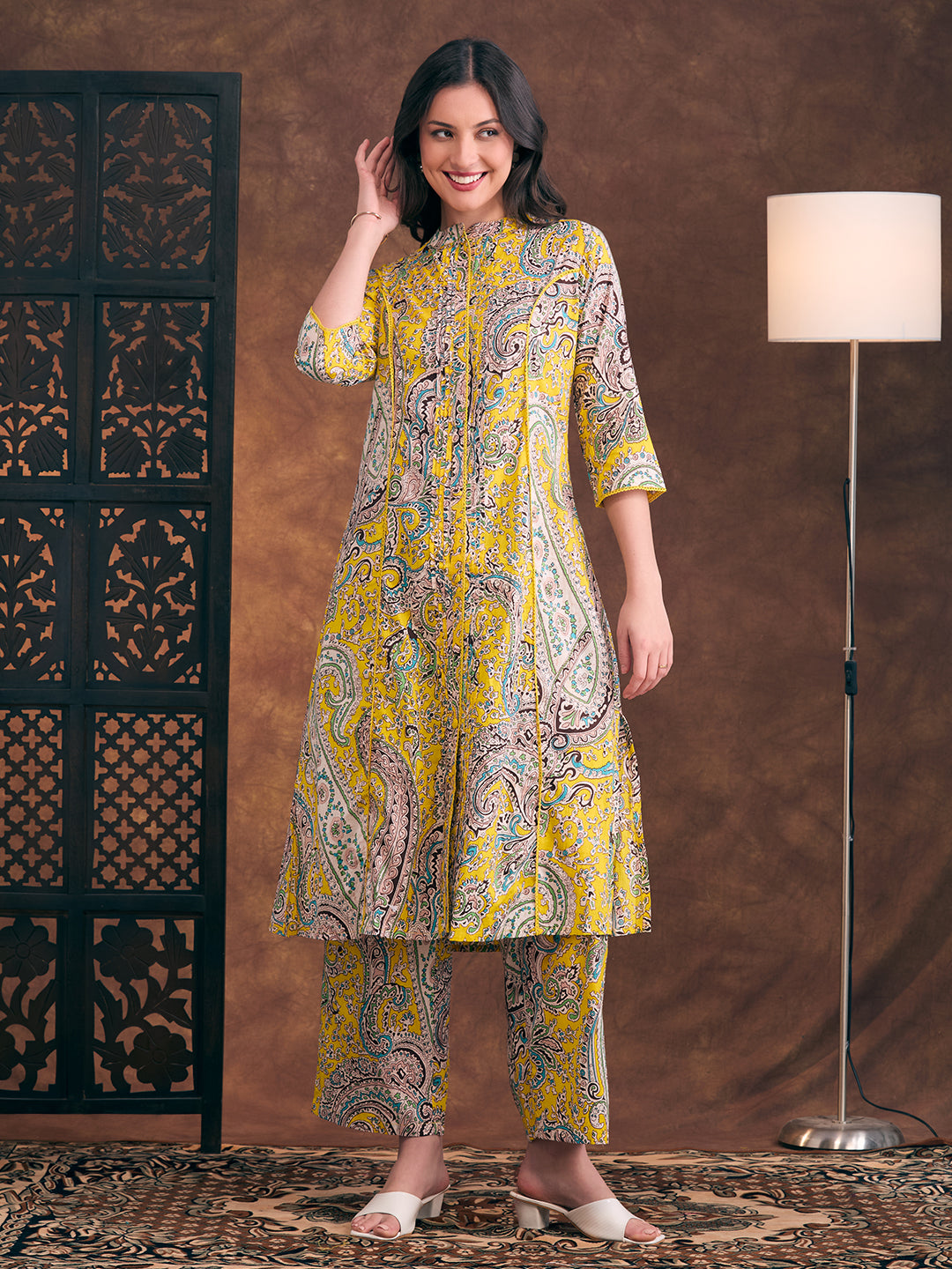 Ethnic Floral Printed A-Line Pleated Co-ord Set - Multi