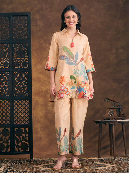 Flora & Fauna Printed Straight Fit Co-ord Set - Cream