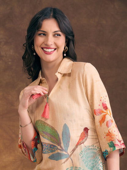 Flora & Fauna Printed Straight Fit Co-ord Set - Cream