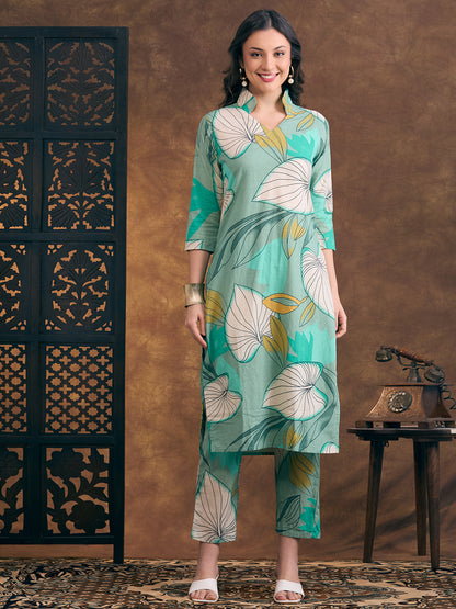 Abstract Floral Printed Straight Fit Co-ord Set - Sea Green