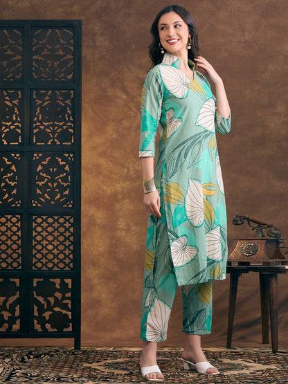 Abstract Floral Printed Straight Fit Co-ord Set - Sea Green