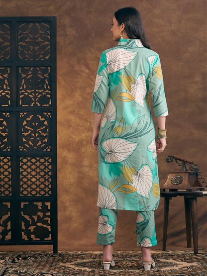 Abstract Floral Printed Straight Fit Co-ord Set - Sea Green