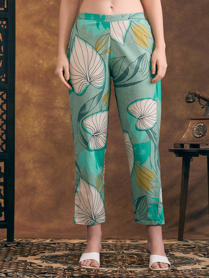Abstract Floral Printed Straight Fit Co-ord Set - Sea Green