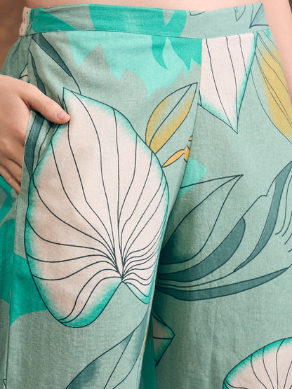 Abstract Floral Printed Straight Fit Co-ord Set - Sea Green
